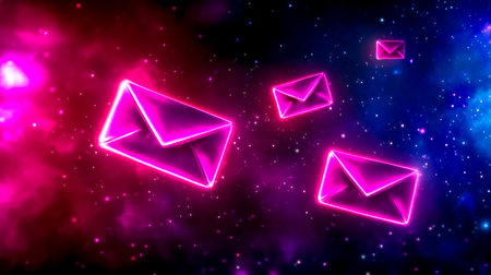 Four glowing neon pink envelopes are flying through a vibrant cosmic cloud of pink and blue, representing the concept of animated emails or digital communicationの素材