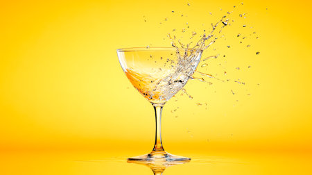 Cocktail glass filled with splashing liquid and shimmering droplets against a vibrant yellow background, creating a lively and refreshing visual perfect for summer celebrationsの素材