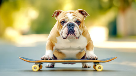 English bulldog sitting on a skateboard in a park, soaking up the sunshine and gazing at the camera with a calm, relaxed expression, radiating happiness and charmの素材