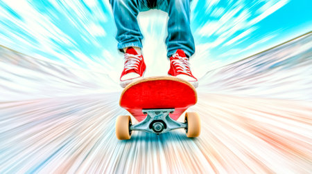 First person view of a skateboarder riding a red skateboard at high speed, creating a motion blur effect in the background, conveying a sense of speed and dynamismの素材