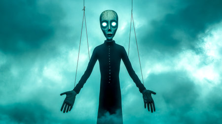 Creepy puppet with glowing eyes hanging from strings against a backdrop of swirling clouds, evoking an eerie and mysterious atmosphere filled with suspense and dreadの素材
