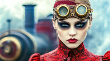 Steampunk enthusiast wearing goggles and elaborate red dress poses confidently in front of a steam train, showcasing creativity and vintage styleの素材
