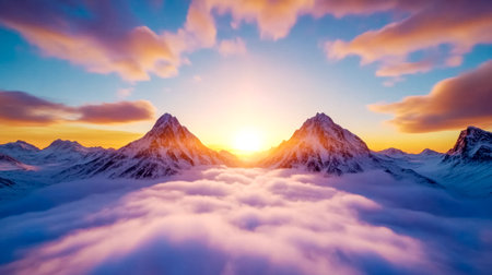 Golden hour sunlight illuminates snowy mountain peaks rising above a breathtaking sea of clouds, creating a stunning vista of nature's grandeur and tranquilityの素材