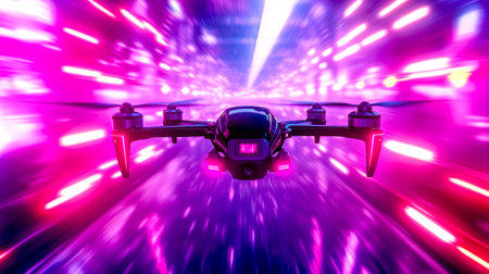 First person view - fpv - drone navigating a futuristic neon lit tunnel at high speed, creating a vibrant blur of pink and purple light trails, showcasing speed and technologyの素材