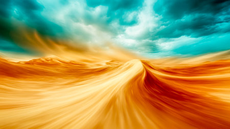 Capturing a breathtaking view of swirling sand dunes beneath a vibrant turquoise sky, an fpv drone reveals a mesmerizing desert landscape filled with dynamic colors and texturesの素材