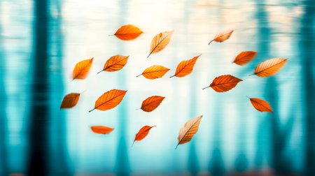 Orange autumn leaves gently descending against a blurred teal and white forest background, evoking a serene and dreamlike atmosphere in a picturesque autumnal sceneの素材