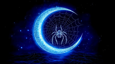 Glowing polygonal spider spinning web on crescent moon against dark blue night sky with stars, creating mystical and enchanting halloween atmosphereの素材