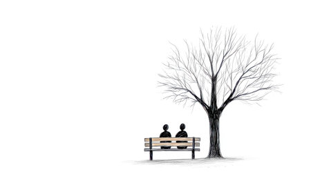 Two stylized people are sitting on a park bench under a bare tree in winter, enjoying the peace and quiet, depicted in a minimalist line art styleの素材