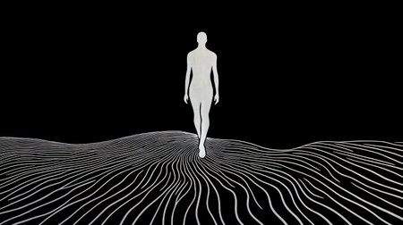 White human silhouette walking across a topography map, featuring wavy lines that form a surreal and minimalist black and white landscape, evoking a sense of exploration and tranquilityの素材
