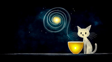 Whimsical white line art drawing of a cat sitting next to a cup of tea, with galaxy swirls emanating from the cup and floating in the dark background, creating a magical and dreamy atmosphereの素材