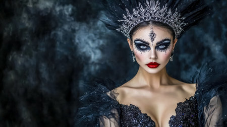 Captivating cosplayer embodies the dark elegance of a fantasy black swan, her elaborate makeup and costume enhancing the mystique against a smoky backdropの素材