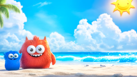 Two adorable, furry cartoon monsters are enjoying a sunny beach vacation on a beautiful tropical beach with clear turquoise water, white sand, and a smiling sunの素材