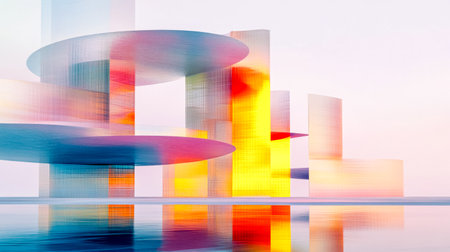 Futuristic glowing translucent building radiating colorful lights, reflecting vibrantly on the water surface, crafting a surreal and dynamic urban cityscape filled with innovation and creativityの素材