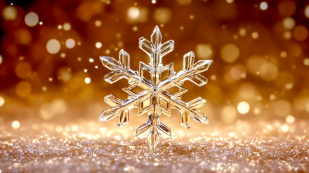Macro shot of a single snowflake descending gently onto a sparkling golden surface, creating a festive and magical winter scene, perfect for Christmas or holiday themesの素材