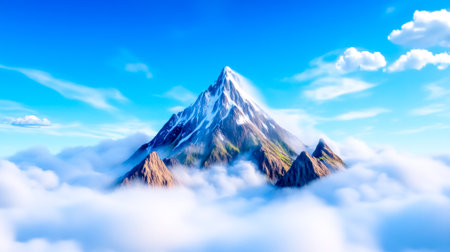 Breathtaking aerial view of a majestic snow capped mountain peak rising above a sea of fluffy clouds, illuminated by warm sunlight under a vibrant blue skyの素材