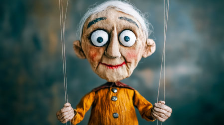 Creepy handmade puppet with big eyes and wrinkled face hanging by strings, representing concepts of manipulation, control, and vulnerabilityの素材