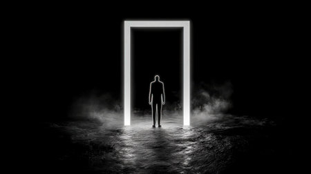 Mysterious man is walking towards a bright glowing rectangular door in a dark room with smoke or fog, creating a dramatic and surreal atmosphereの素材