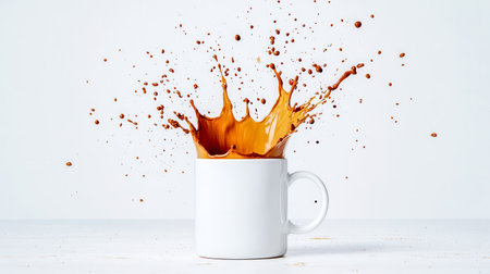 Coffee splashing out of a white mug on a white wooden table creates a dynamic and energetic scene, highlighted by a minimalist background that enhances the vibrant actionの素材