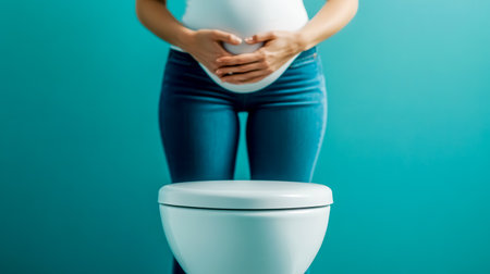 Pregnant woman holding her belly, standing in front of a toilet bowl, suffering from nausea and morning sickness, concept of pregnancy and health problemsの素材