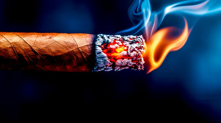 Close up macro view of a burning cigar glowing red and emitting smoke, showcasing the delicate ash and the intricate details of the tobacco leaf against a dark backgroundの素材
