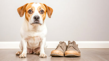 Small dog sitting on the floor beside a pair of chewed shoes, looking guilty and adorable, showcasing playful misbehavior and the challenges of pet training in a cozy indoor settingの素材