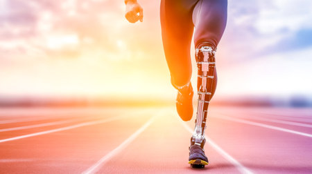 Inspiring athlete with high tech prosthetic leg running on track at sunset, demonstrating resilience, determination, and the power of technology in overcoming physical challengesの素材