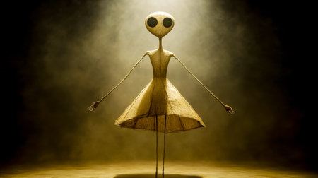 Delicate puppet in a dress performing a graceful dance on a dimly lit stage, arms outstretched under a spotlight, creating a mesmerizing atmosphereの素材
