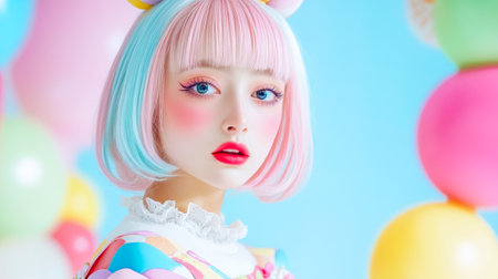 Kawaii cosplayer with pink and turquoise hair and colorful makeup poses in front of a pastel blue background with colorful balloons, creating a vibrant and playful sceneの素材