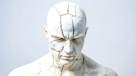White marble statue of a male figure featuring visible cracks, symbolizing emotional distress and capturing deep feelings of sadness, despair, and the fragility of the human conditionの素材