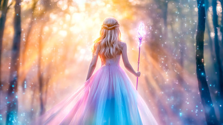 Blonde princess in long iridescent dress walking away in magic forest holding a glowing staff, soft light shining through trees, fantasy, fairytale, cosplayの素材