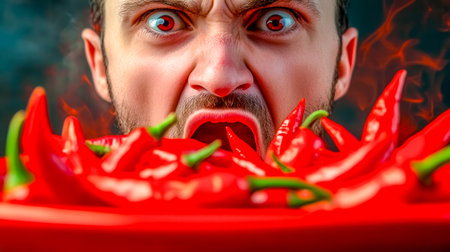 Man with intense red eyes and an open mouth, surrounded by flames, holding a plate overflowing with fiery red chili peppers, feeling an overwhelming burning sensationの素材