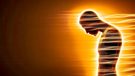 Light trails flowing over the silhouette of a person holding their head, expressing feelings of depression, loneliness, and the struggles associated with mental health challengesの素材