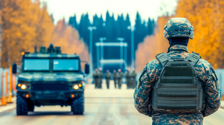 Military personnel wearing camouflage uniform and bulletproof vest standing guard at a checkpoint, with an armored vehicle approaching in the background and other soldiers waitingの素材