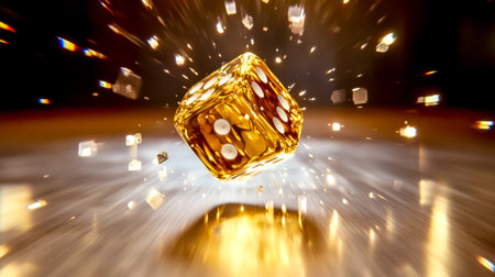 Golden. Translucent dice is shown mid air. Rotating against a dark background with motion blur effects and light trails. Creating a dynamic and dramatic scene related to gambling. Chance. And riskの素材