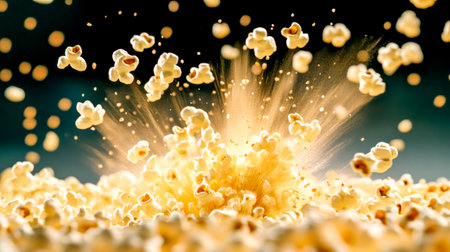 Popcorn kernels are bursting open against a dark background, creating a dynamic explosion of fluffy white shapes and golden light, ideal for representing snack, movie, or entertainment conceptsの素材