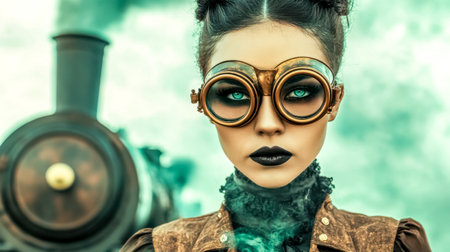 Steampunk cosplayer confidently posing near a steam train, featuring dark makeup, goggles, and an elaborate retro futuristic costume amidst dramatic teal tinted smokeの素材
