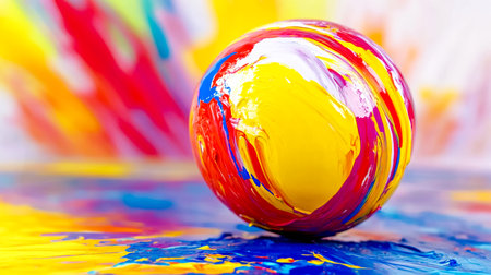 Colorful sphere, coated in swirling strokes of vibrant acrylic paint, rests on a similarly painted surface, creating a dynamic interplay of colors and texturesの素材