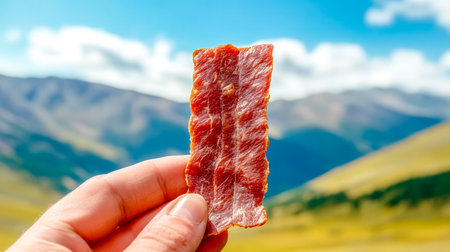 Hand holding a thin slice of dried beef jerky against a blurred mountain range under a blue sky with clouds, highlighting nature, travel, and a protein rich snackの素材
