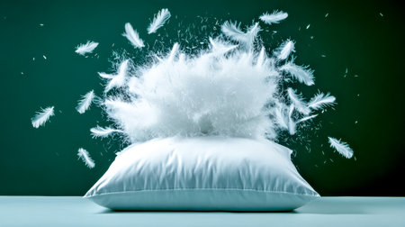 White pillow bursting open with feathers flying everywhere against a green background, creating a dramatic and surreal scene of comfort and disruptionの素材