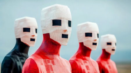 Four individuals wearing pixelated masks, symbolizing artificial intelligence and the digital age, stand together against a blurred backgroundの素材