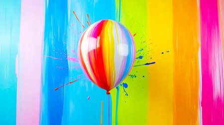 Brightly colored balloon with streaks of paint floats against a vibrant rainbow background, creating a cheerful and artistic image evoking joy, celebration, and creative expressionの素材