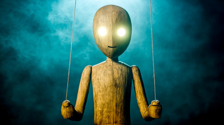 Wooden puppet with glowing eyes hanging by strings, surrounded by dark, smoky ambiance, crafting a mysterious and surreal atmosphere filled with eerie intrigue and fantasyの素材