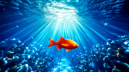 Golden fish swimming in blue ocean water with sunbeams shining through the surface and illuminating the seabed below, creating a tranquil underwater sceneの素材