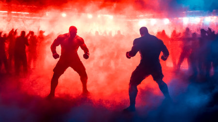Two muscular fighters are facing each other in a smoky underground fighting arena, illuminated by red and blue lights, ready to fight in front of a cheering crowdの素材