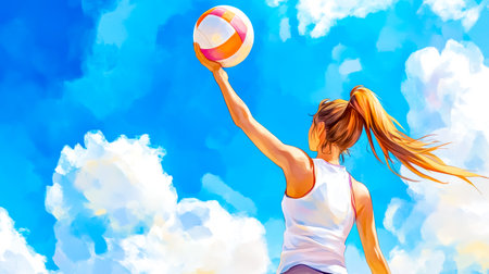 Female volleyball player, seen from behind, serves the ball with her right arm extended towards a vibrant blue sky dotted with fluffy white cloudsの素材