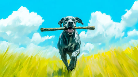 Painting depicting a great dane joyfully running through a vibrant field, carrying a large stick while basking in the warmth of a sunny day under a bright blue sky adorned with fluffy white cloudsの素材