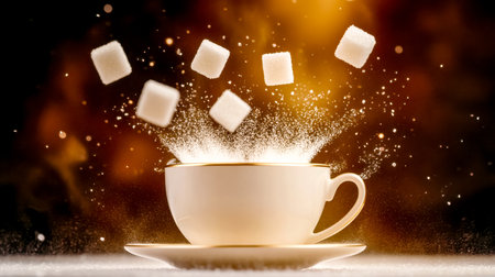 Sugar cubes are falling into a coffee cup, creating a splash and droplets against a dark background with warm highlights, evoking a dynamic and energetic moment of sweetnessの素材