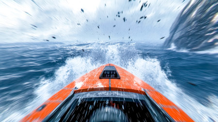 Lifeboat speeding away from sinking ship and navigating through rough sea during storm, offering first person perspective of maritime emergency and survival at seaの素材