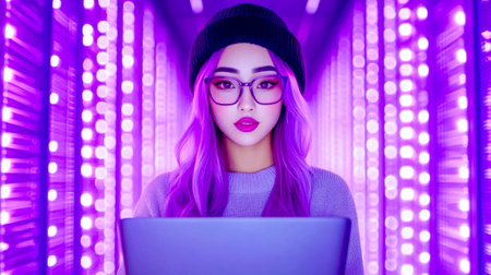 Young woman with purple hair and glasses working on a laptop in a server room illuminated by purple lights, creating a futuristic and tech savvy atmosphereの素材
