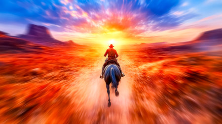 Cowboy riding horse at sunset in monument valley navajo tribal park, arizona with motion blur effect simulating speed and first person viewの素材